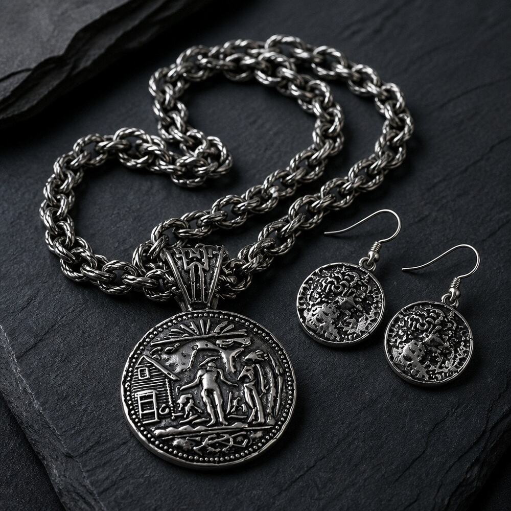 Vintage Revival Antiqued Medallion Pendant Necklace & Coin Drop Earrings Set